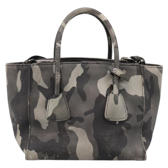 PRADA Camouflage Hand Bag Safiano Leather 2way Khaki Silver Auth bs36711