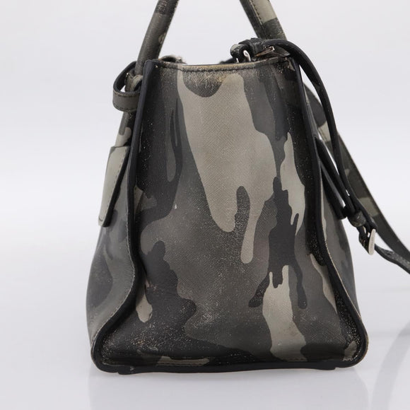 PRADA Camouflage Hand Bag Safiano Leather 2way Khaki Silver Auth bs36711