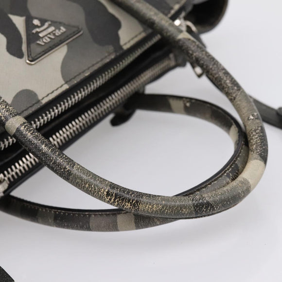 PRADA Camouflage Hand Bag Safiano Leather 2way Khaki Silver Auth bs36711