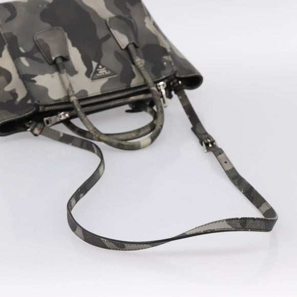PRADA Camouflage Hand Bag Safiano Leather 2way Khaki Silver Auth bs36711