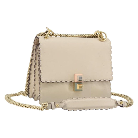 FENDI Chain Shoulder Bag Leather Beige Gold Auth bs36715