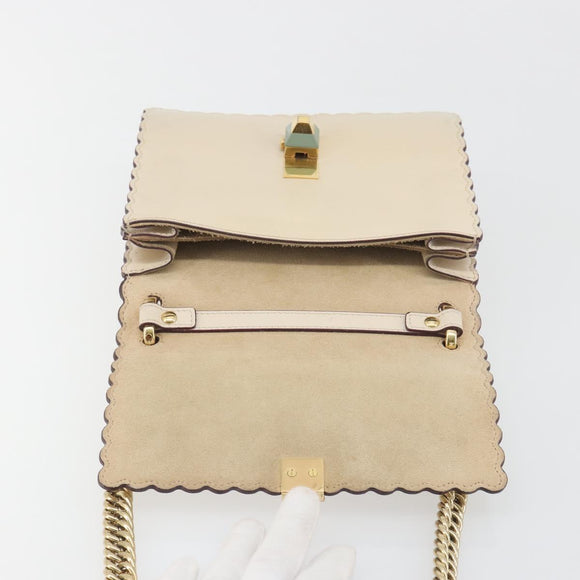 FENDI Chain Shoulder Bag Leather Beige Gold Auth bs36715