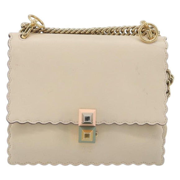 FENDI Chain Shoulder Bag Leather Beige Gold Auth bs36715
