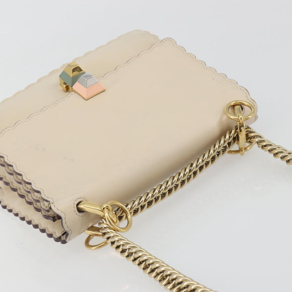 FENDI Chain Shoulder Bag Leather Beige Gold Auth bs36715