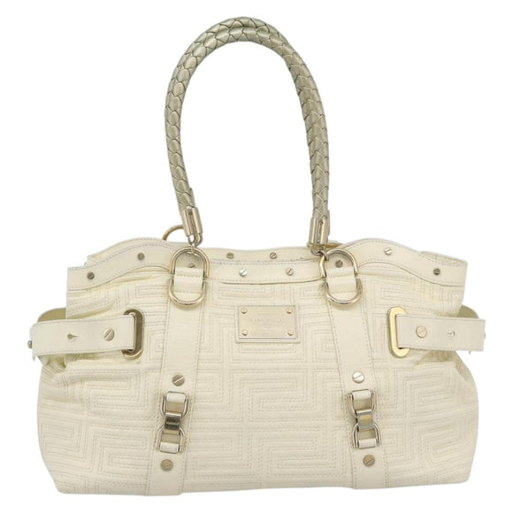 Gianni Versace Boston Bag Leather White Gold Auth bs36717