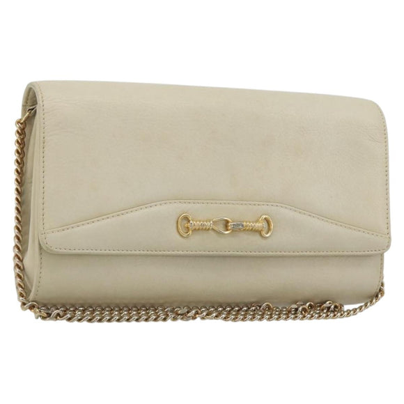 CELINE Chain Shoulder Bag Leather White Gold Auth bs36725