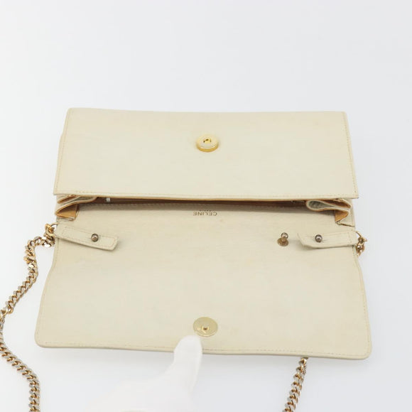 CELINE Chain Shoulder Bag Leather White Gold Auth bs36725