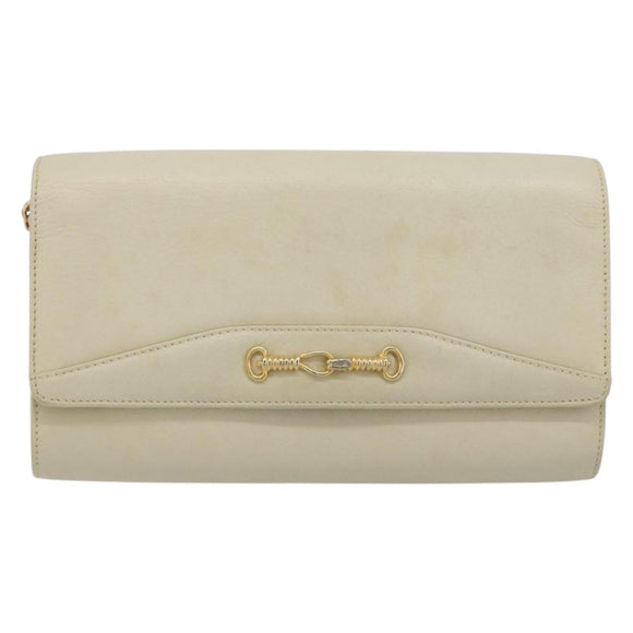 CELINE Chain Shoulder Bag Leather White Gold Auth bs36725