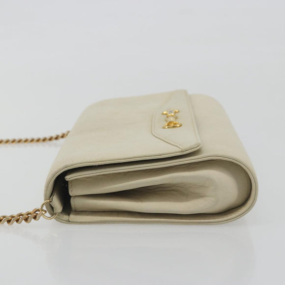 CELINE Chain Shoulder Bag Leather White Gold Auth bs36725