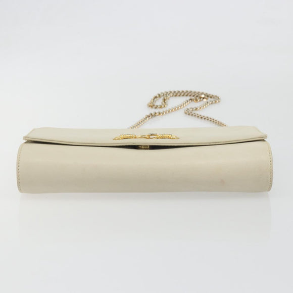 CELINE Chain Shoulder Bag Leather White Gold Auth bs36725