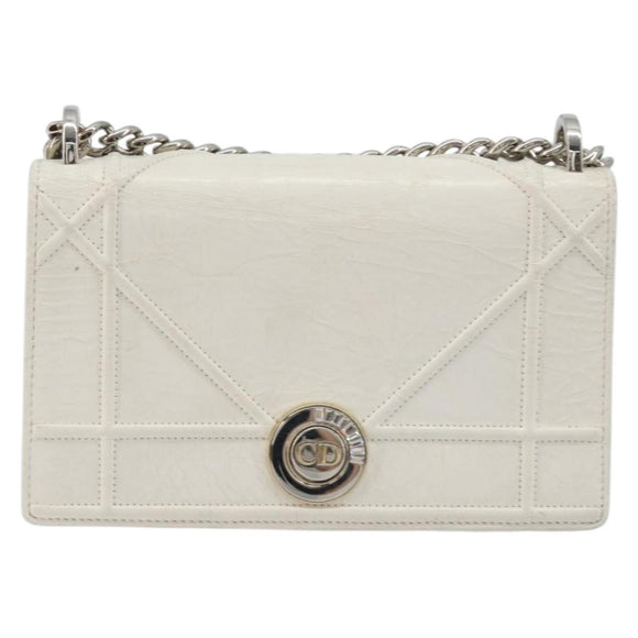 Christian Dior Chain Shoulder Bag Leather White Gold Auth bs36728