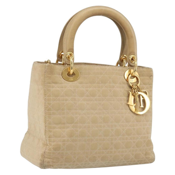 Christian Dior Lady Dior Canage Hand Bag Nylon Beige Gold Auth bs36737