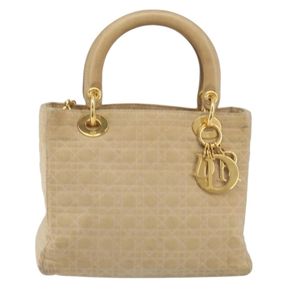 Christian Dior Lady Dior Canage Hand Bag Nylon Beige Gold Auth bs36737