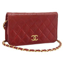 CHANEL Matelasse Chain Shoulder Bag Lamb Skin Red Gold CC Auth bs36747-1