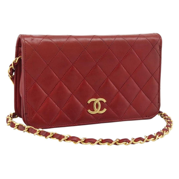 CHANEL Matelasse Chain Shoulder Bag Lamb Skin Red Gold CC Auth bs36747