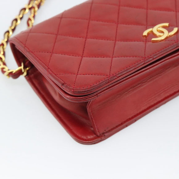 CHANEL Matelasse Chain Shoulder Bag Lamb Skin Red Gold CC Auth bs36747