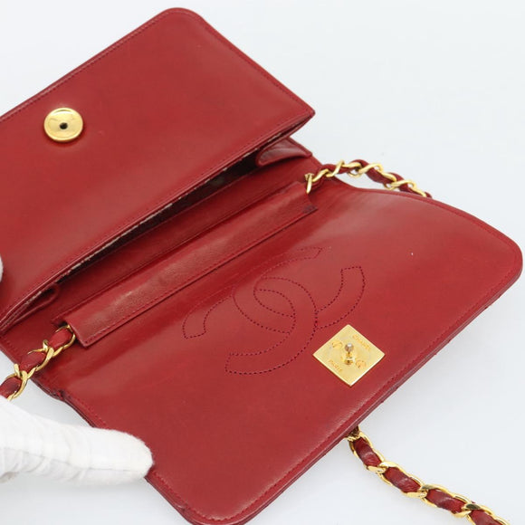 CHANEL Matelasse Chain Shoulder Bag Lamb Skin Red Gold CC Auth bs36747