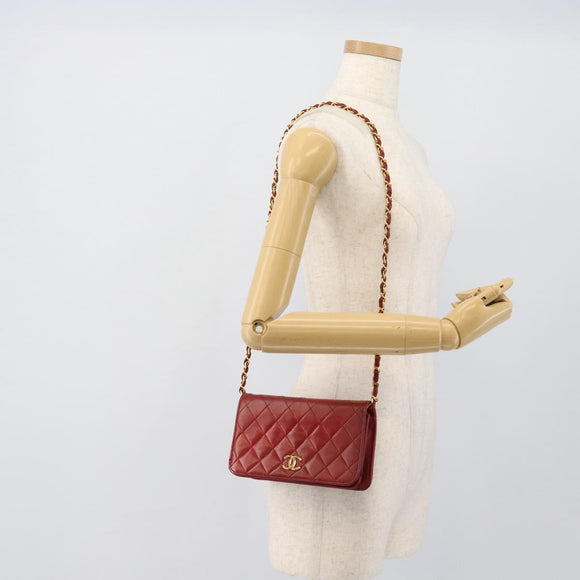 CHANEL Matelasse Chain Shoulder Bag Lamb Skin Red Gold CC Auth bs36747