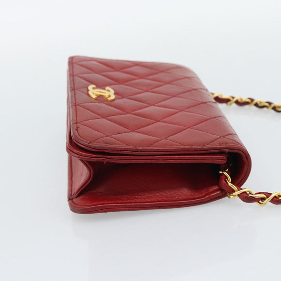 CHANEL Matelasse Chain Shoulder Bag Lamb Skin Red Gold CC Auth bs36747