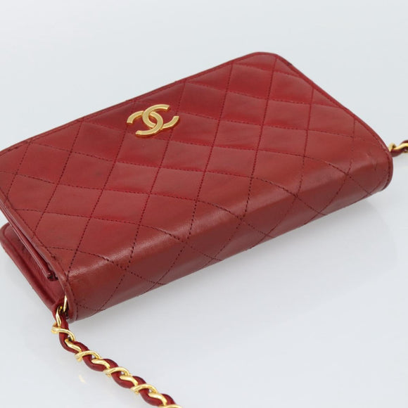 CHANEL Matelasse Chain Shoulder Bag Lamb Skin Red Gold CC Auth bs36747
