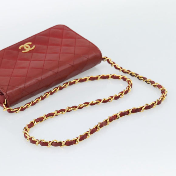 CHANEL Matelasse Chain Shoulder Bag Lamb Skin Red Gold CC Auth bs36747
