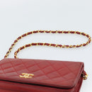CHANEL Matelasse Chain Shoulder Bag Lamb Skin Red Gold CC Auth bs36747-8
