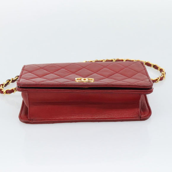 CHANEL Matelasse Chain Shoulder Bag Lamb Skin Red Gold CC Auth bs36747