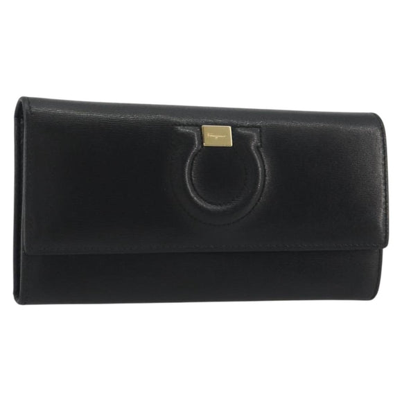 Salvatore Ferragamo Gancini Long Wallet Leather Black Gold Auth bs36751