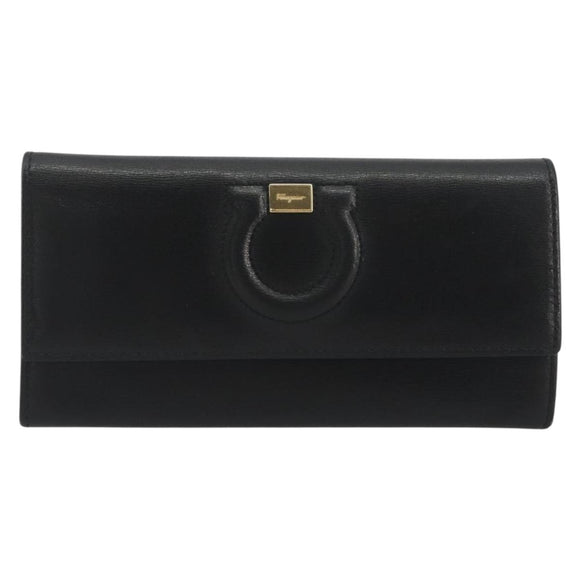 Salvatore Ferragamo Gancini Long Wallet Leather Black Gold Auth bs36751