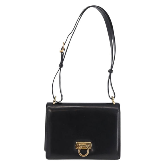 Salvatore Ferragamo Gancini Shoulder Bag Leather Black Gold Auth bs36752
