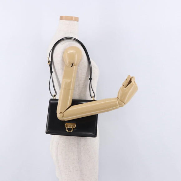 Salvatore Ferragamo Gancini Shoulder Bag Leather Black Gold Auth bs36752