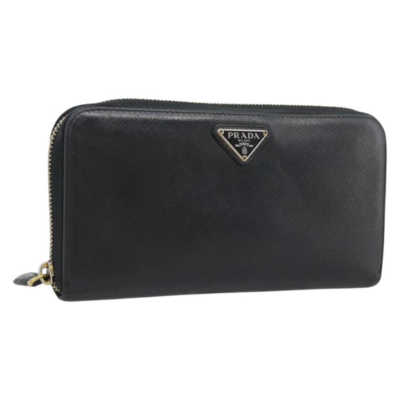 PRADA Long Wallet Leather Black Gold Auth bs36759
