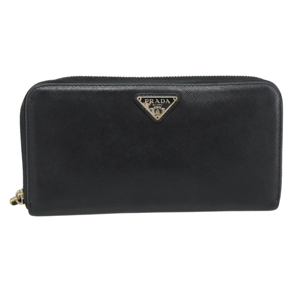 PRADA Long Wallet Leather Black Gold Auth bs36759