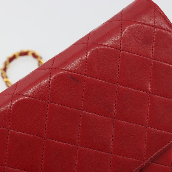 CHANEL Matelasse Chain Shoulder Bag Lamb Skin Red Gold CC Auth bs36761