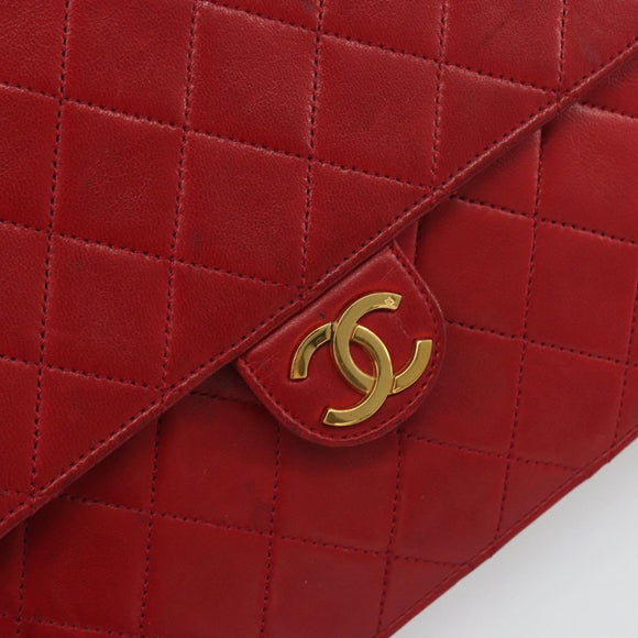 CHANEL Matelasse Chain Shoulder Bag Lamb Skin Red Gold CC Auth bs36761