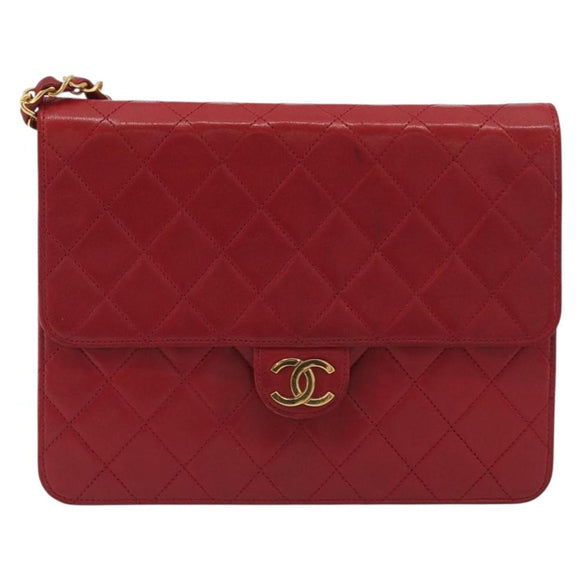CHANEL Matelasse Chain Shoulder Bag Lamb Skin Red Gold CC Auth bs36761
