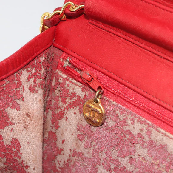 CHANEL Matelasse Chain Shoulder Bag Lamb Skin Red Gold CC Auth bs36761