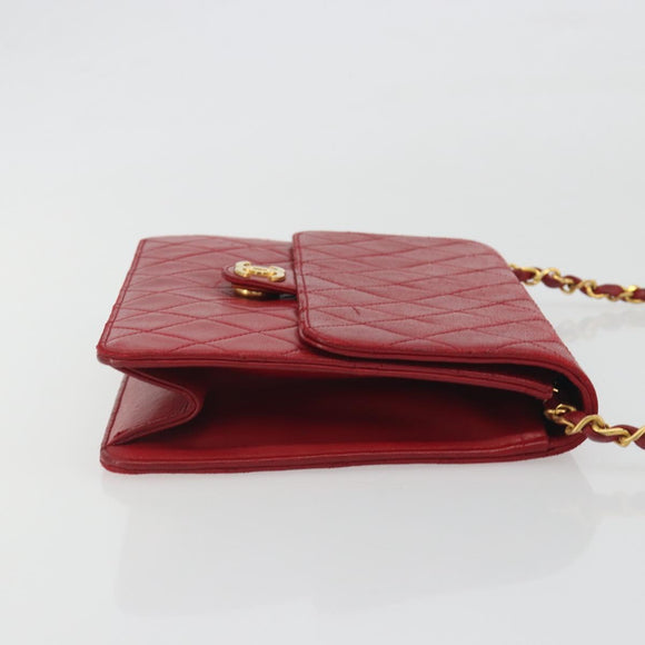 CHANEL Matelasse Chain Shoulder Bag Lamb Skin Red Gold CC Auth bs36761