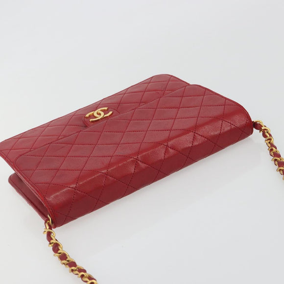 CHANEL Matelasse Chain Shoulder Bag Lamb Skin Red Gold CC Auth bs36761