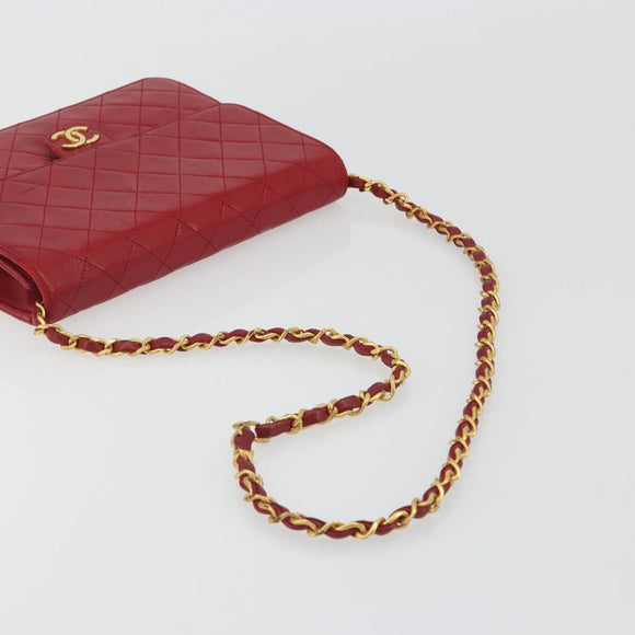 CHANEL Matelasse Chain Shoulder Bag Lamb Skin Red Gold CC Auth bs36761