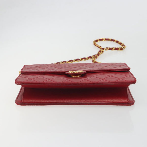 CHANEL Matelasse Chain Shoulder Bag Lamb Skin Red Gold CC Auth bs36761