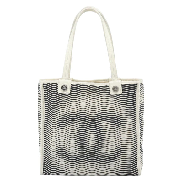 CHANEL Tote Bag Canvas Black White Silver CC Auth bs36766