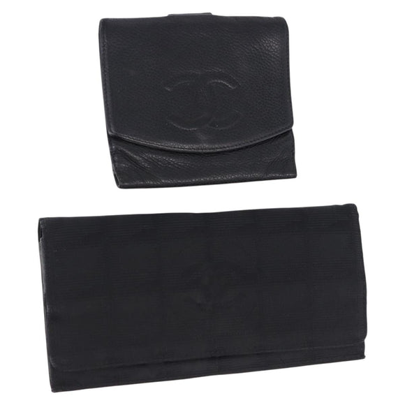 CHANEL New Travel Line Wallet Caviar Skin Leather 2 Set Black CC Auth bs36767