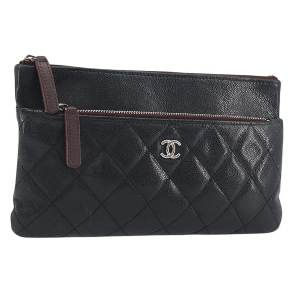 CHANEL Clutch Bag Caviar Skin Navy Silver CC Auth bs36769