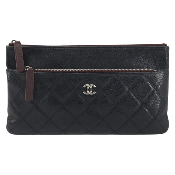 CHANEL Clutch Bag Caviar Skin Navy Silver CC Auth bs36769