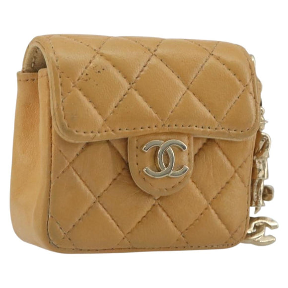 CHANEL Matelasse Charm Lamb Skin Gold Beige CC Auth bs36773