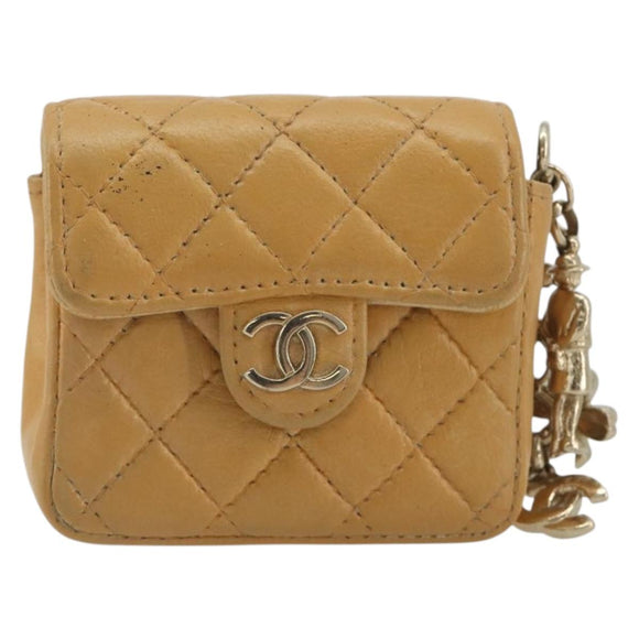 CHANEL Matelasse Charm Lamb Skin Gold Beige CC Auth bs36773