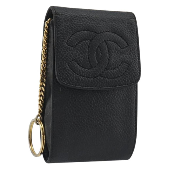 CHANEL COCO Mark Cigarette Case Caviar Skin Black Gold CC Auth bs36774