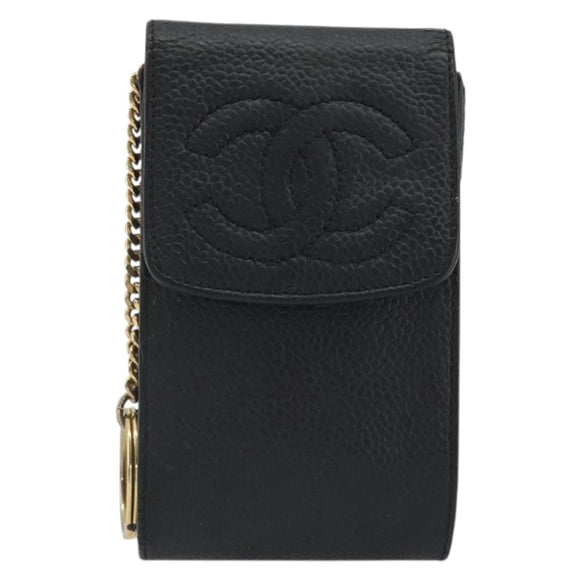 CHANEL COCO Mark Cigarette Case Caviar Skin Black Gold CC Auth bs36774