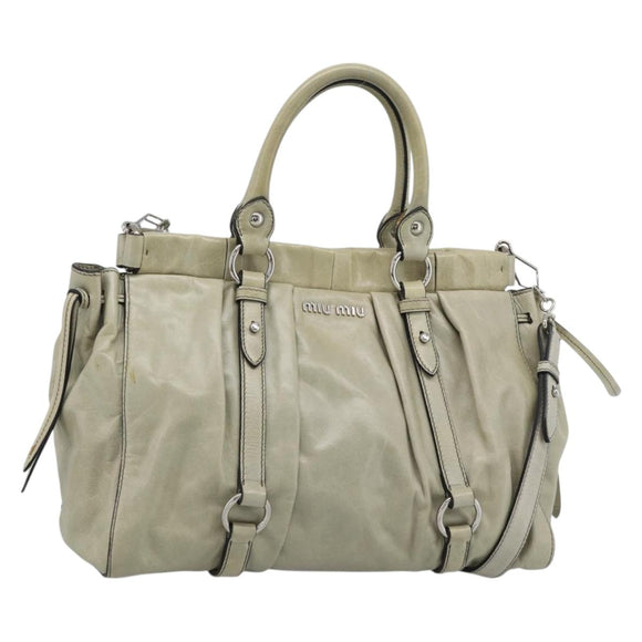 Miu Miu Hand Bag Leather 2way Beige Silver Auth bs36777V